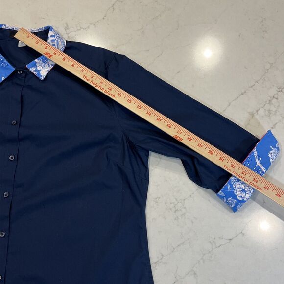 Pearly Vine Shirt Womens XL Navy Button Up 3/4 Sleeve Contrasting Trim Flip Cuff - Picture 5 of 8